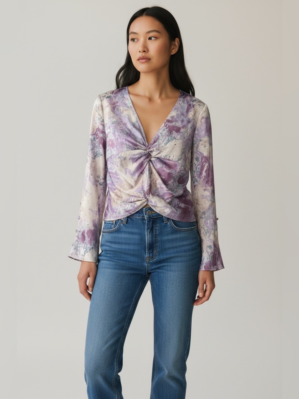 Zara Lavender Marble Twist-Front V-Neck Blouse